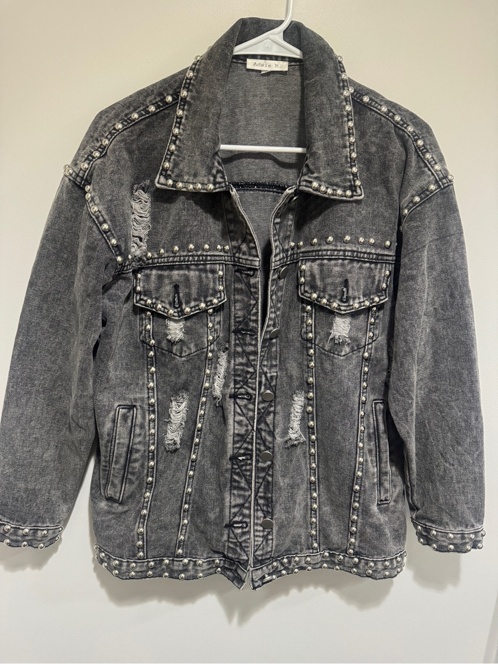 Adele B. Studded Distressed Denim Jacket – "Til' Death" Skeleton Back Graphic